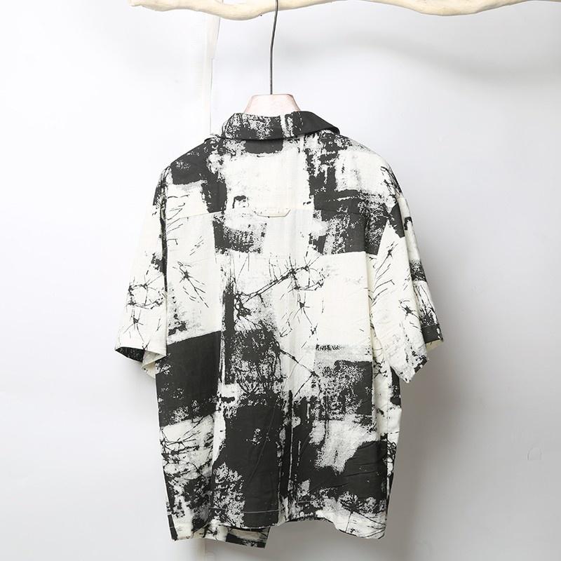 

Men' Casual Shirts Cotton Vintage Linen Shirt Men Pullover Tops Lapel Short Sleeve Printed Thin Section Loose Summer Hawaii, Black