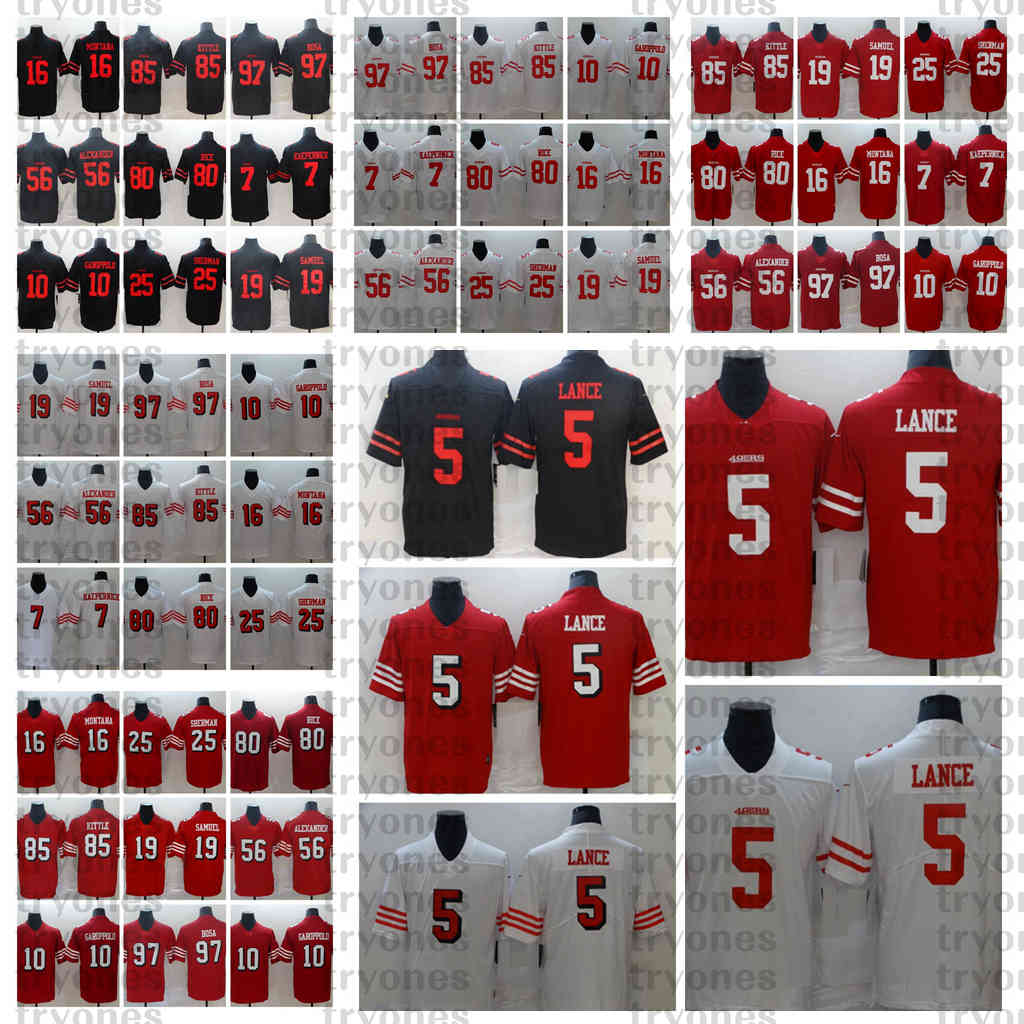 

2021 Men Trey Lance Jimmy Garoppolo Montana Jerry Rice Nick Bosa George Kittle Sherman Kaepernick Alexander Deebo Samuel Football JERSEY BB3, Black;red