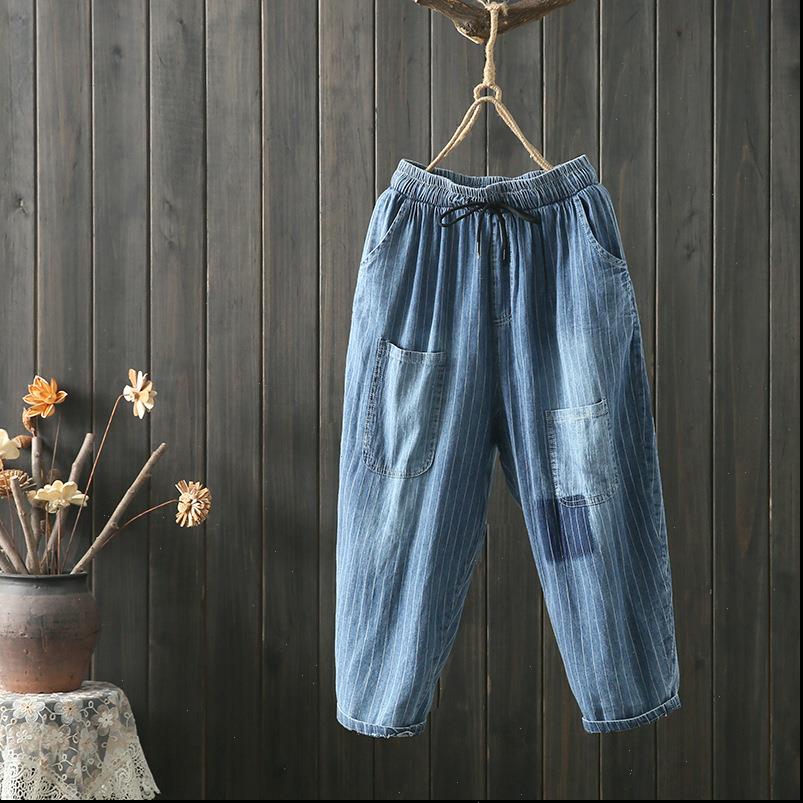 

calf length pants womens jean elastic waist loose harem casual pockets summer striped women, Blue