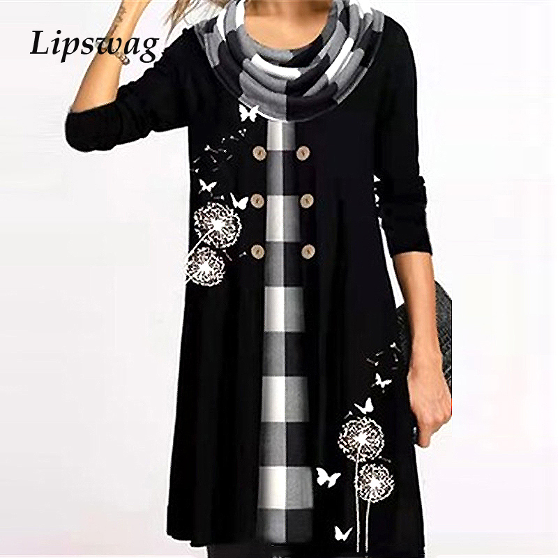 

Elegant Winter Turtleneck Warm Mid Dress Women Autumn Vintage Print Long Sleeve Dress Casual Loose Plus Size Dress Vestidos 5XL, 09 blue print