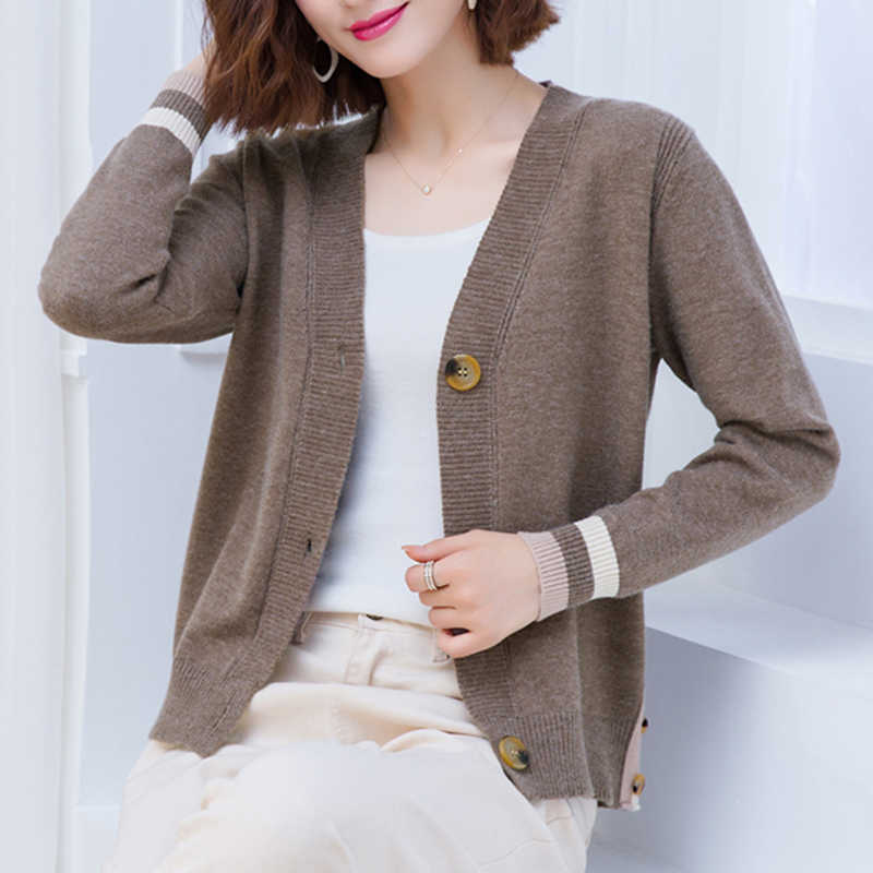 

Fashion Sweater and Cardigans women Lantern Sleeve Striped Fall Korean Style Knitting Cardigan moda mujer invierno 210604, Grey camel