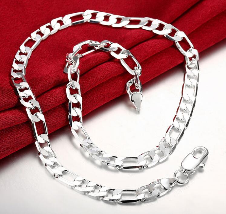 

925 Sterling Silver plated 20inches 3:1 Sideways 6MM chain men figaro Necklace pretty Classic fashion