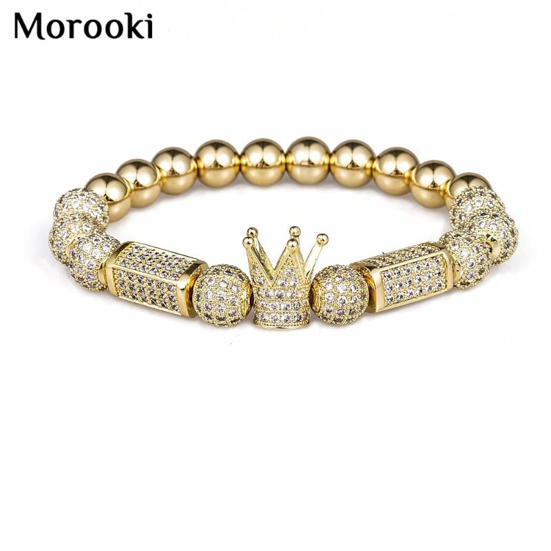 

Morook Trendy Imperial Crown Charm Bracelets 8MM Micro Pave CZ Round Bead Women Men Copper Jewelry Pulseras Mujer Bileklik, Golden;silver