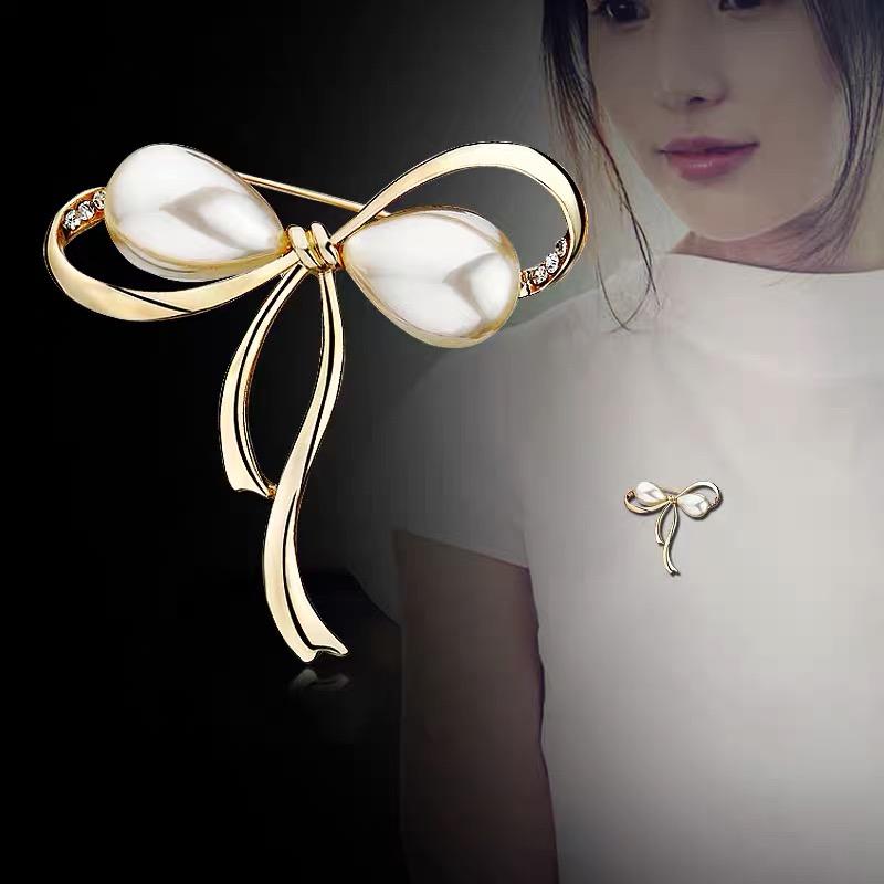 

Pins, Brooches Pearl Bowknot Brooch For Women Suit Cardigan Anti-Exposure Needle Elegant Rhinestone Jewelry Pin Clothes Accessories Pins