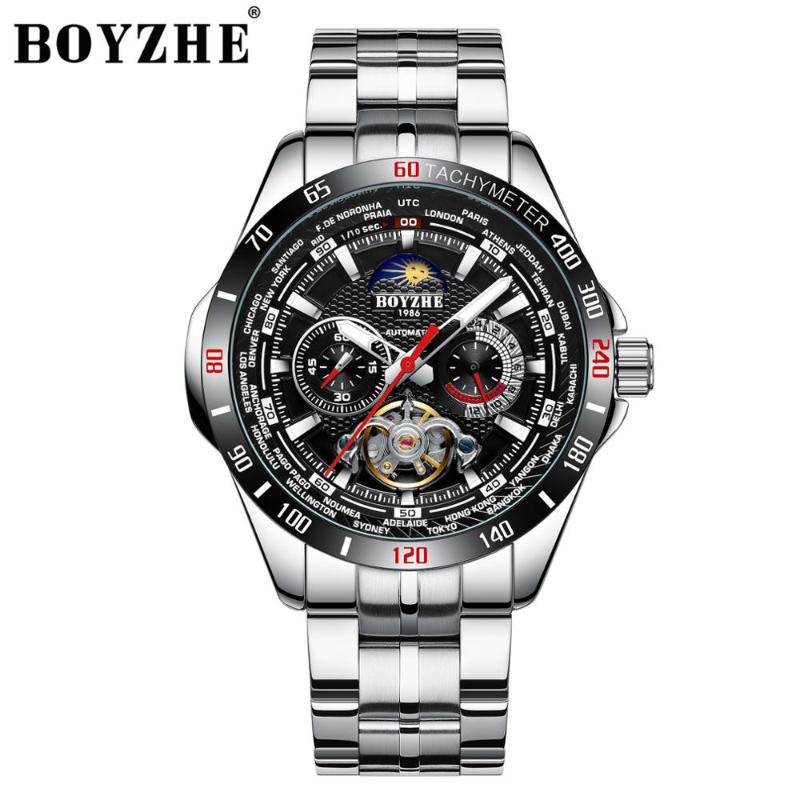 

Wristwatches BOYZHE Sport Watch Mechanical Waterproof Full Stainless Tourbillon Moon Phase Fashion Wristwatch Reloj Hombre Men Watches, White