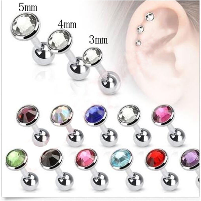 

whole mix 50pcs muliti color cartilage earrings 3mm 4mm 5mm steel small body piercing tragus barbell with gem stones