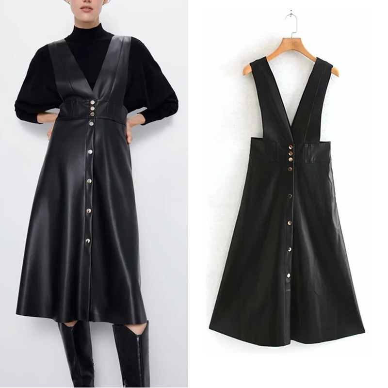 

za dress women 2021 black faux leather dress woman v-neck sleeveless a-line midi dress vintage spaghetti strap ladies dresses, Black;gray