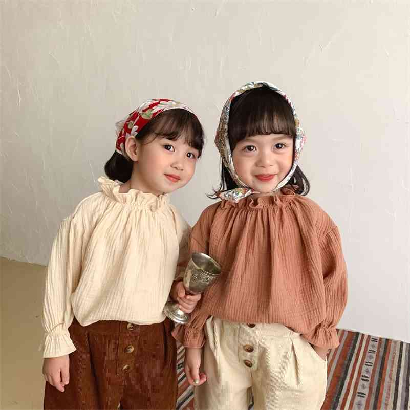 

Spring Autumn girls cotton yarn soft solid color long-sleeved blouses 2-6 years kids casual Laced collar Tops 210708, Beige