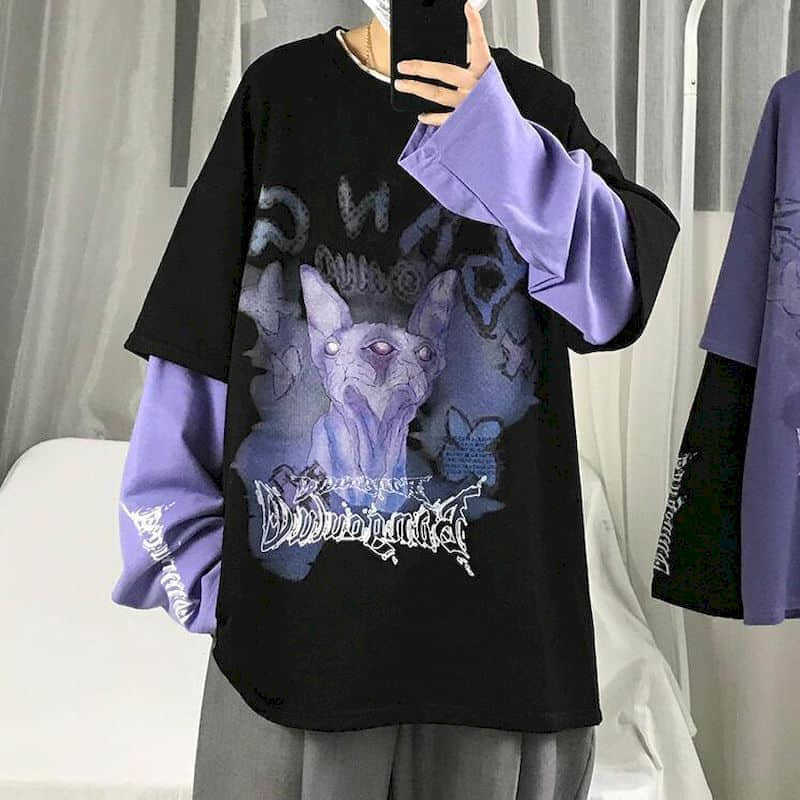 

Autumn high street long-sleeved men's fake two-piece t-shirt male students Korean loose clothes trendy clothing 210526, 6607 white