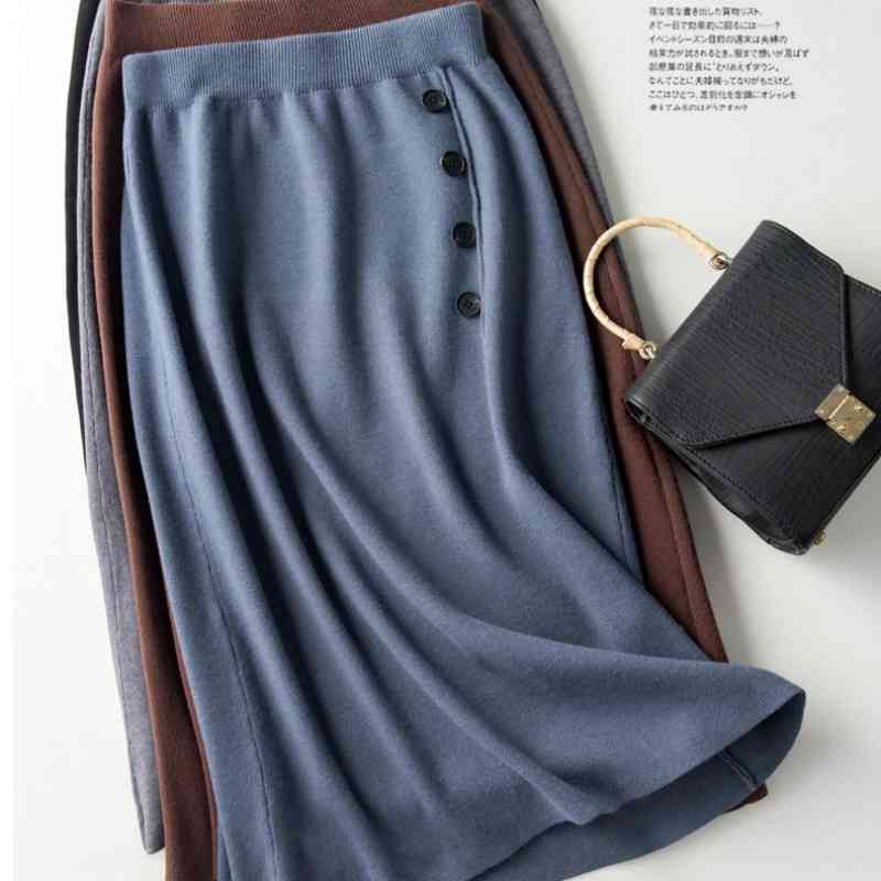 

Autumn Winter Women Knit Skirt Pencil Midi Knitted High Waist s Womens Long Warm Knitting s Bottoms 210603, Blue