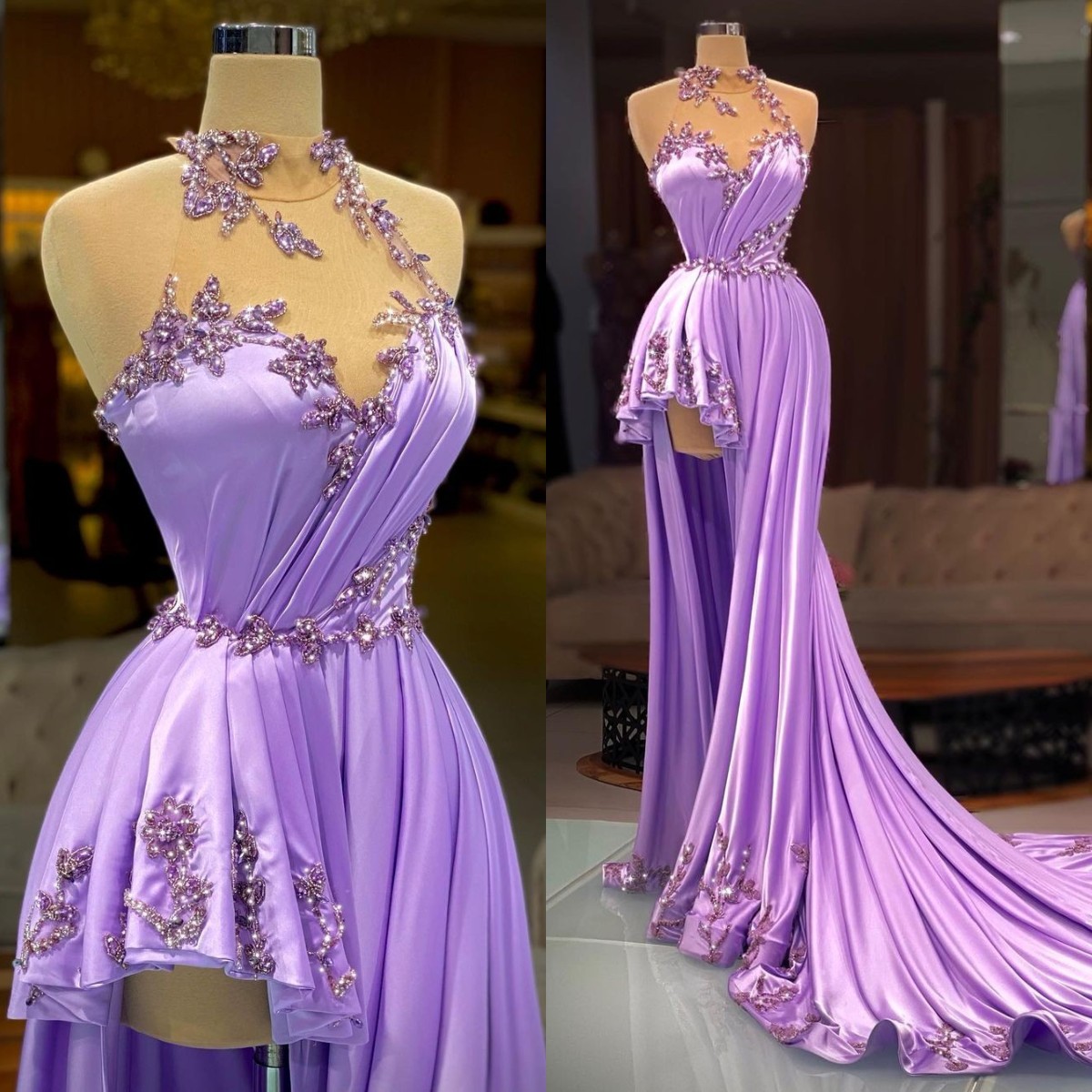

Lavender Evening Dresses High Neck Lace Beaded Satin Sleeveless A Line Prom Dress Party Wear Custom Made Women Formal Gowns Robes De Soirée