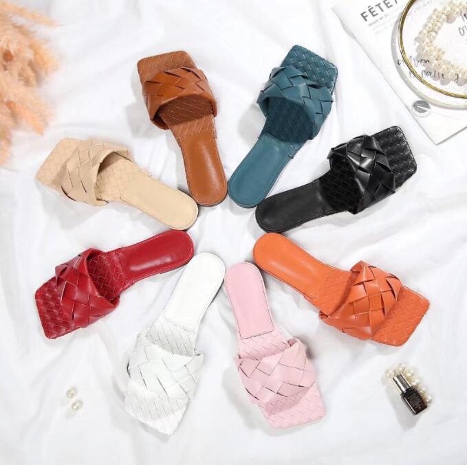 

Sexy Flat slides Sandals Woven women slippers square mules shoes Ladies Wedding high heels shoes Dress Shoes 8 color High Quality 35-41, Color 6