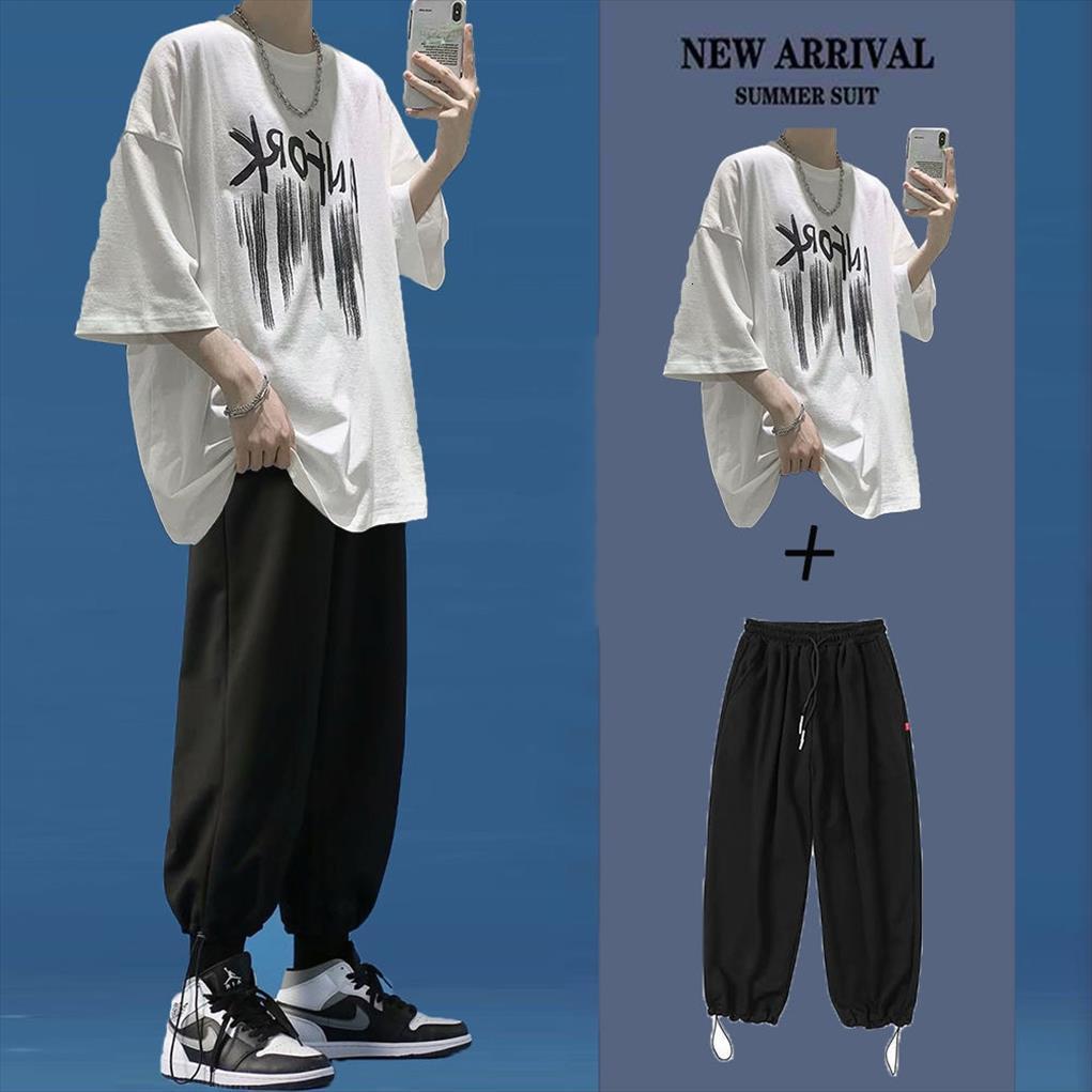 

summer teens short sleeved mens tracksuits casual clothes sets polyester loose letter and harem pants suit oversized t shirt, Gray