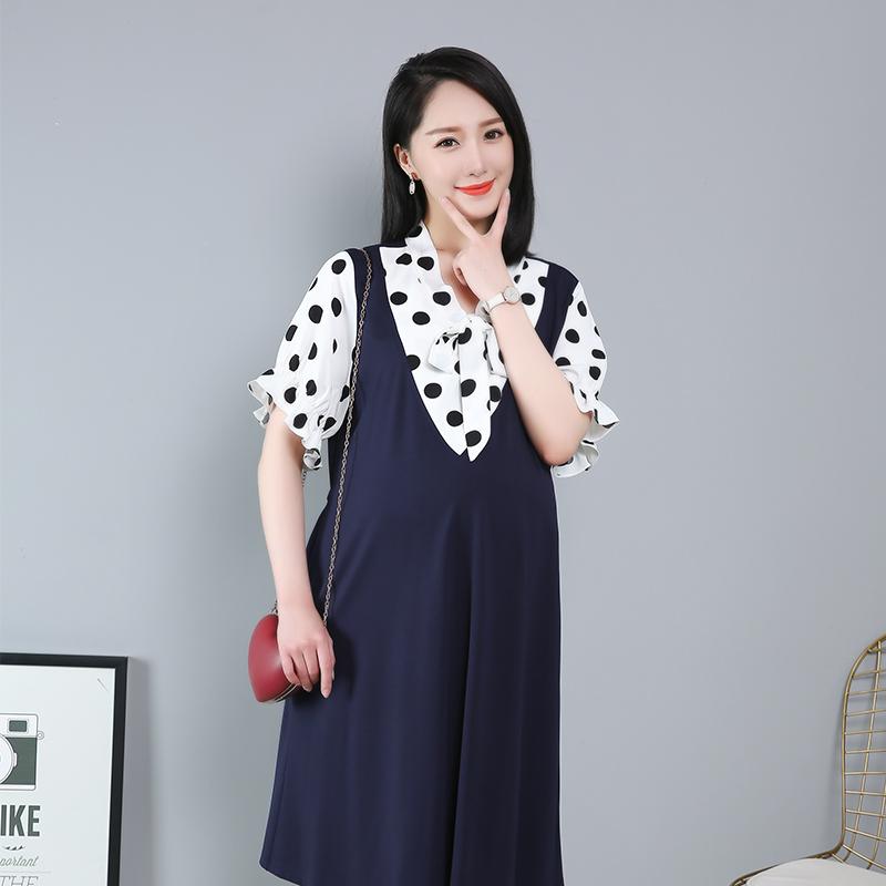 

3XL-6XL Plus Size Maternity Dress Pregnant Mom Work Clothes Professional Wear Polka Dot Fake Two-piece Fashion Dresses, Blue
