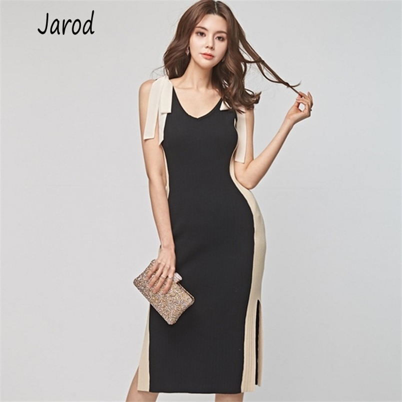 

Summer Sexy V Neck Bodycon Knitted Women Dress Sleeveless Hit Color Bow Sweater Fashion Split OL Vestidos 210519, Picture color