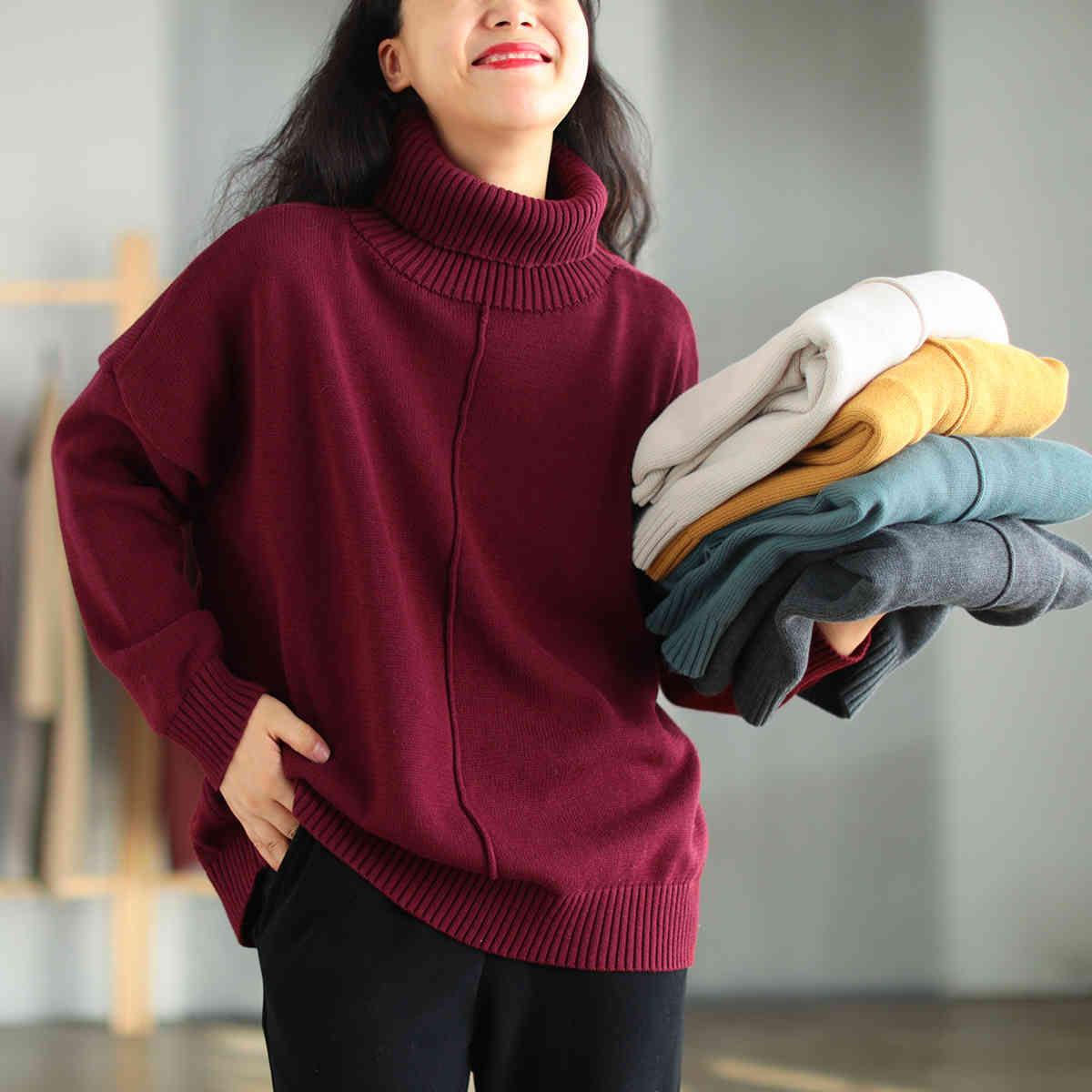 

Johnature Women Turtleneck Pullover Sweaters Solid Color Cotton Autumn Loose Thick Female Clothes Soft Sweaters 210521, Jujube red
