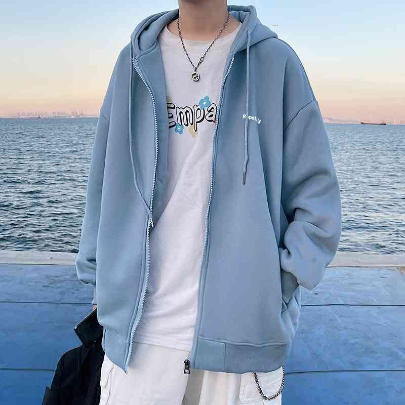 

Cardigan sweater men's hooded zipper casual loose sports coat autumn new BF trend versatile top, Green