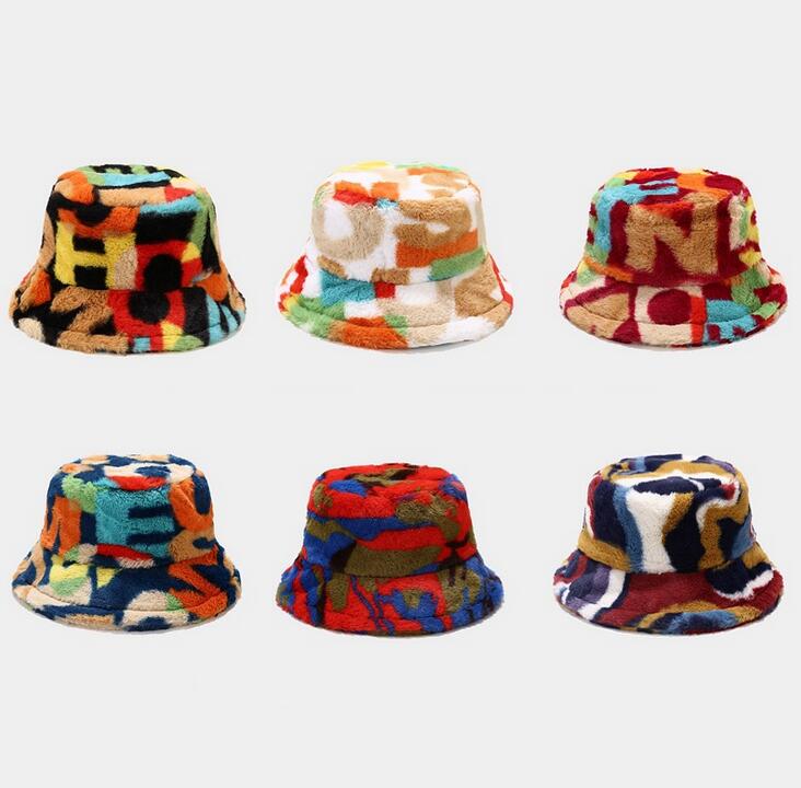 

Designers Hat Outdoor Multicolor Rainbow Faux Fur Letter Pattern Bucket Hats Women Winter Wide Brim Soft Warm Mujer Gorros Cap, 01