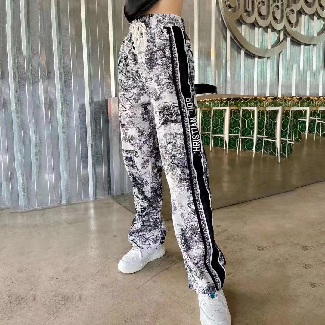 2021 ink painting jungle animal print casual summer new elastic high waist loose wide leg pants