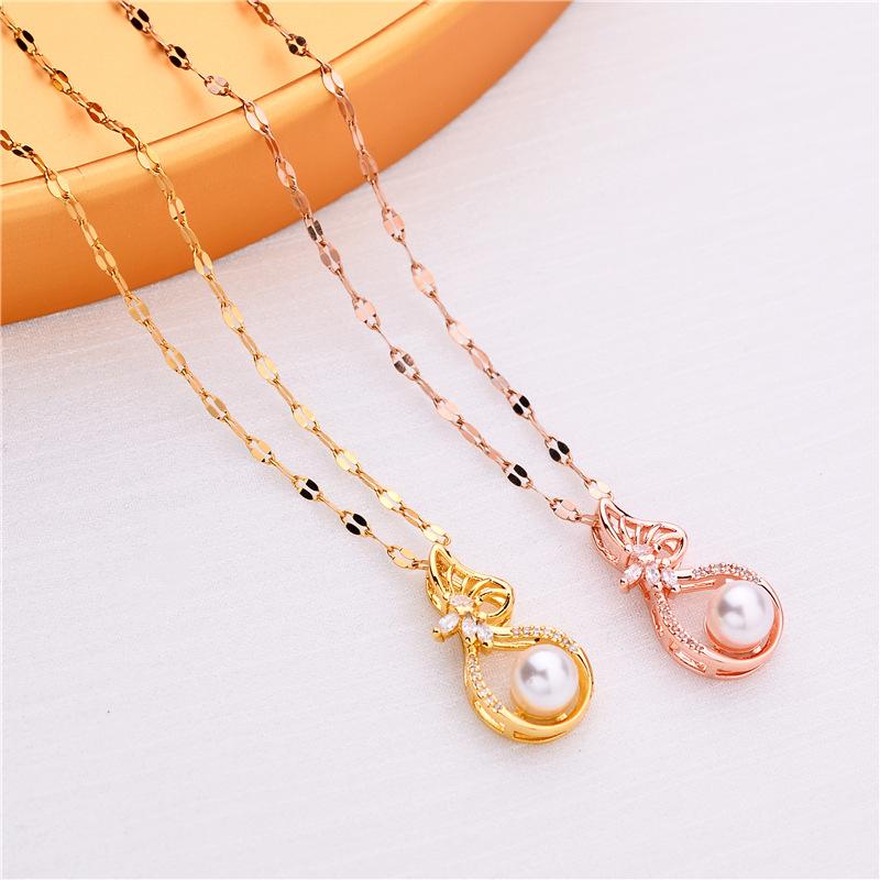 

Pendant Necklaces Luxury Hollow Pearl Crystal Purse Women Ladies No Fade Stainless Steel Chokers Necklace Female Daily Jewelry