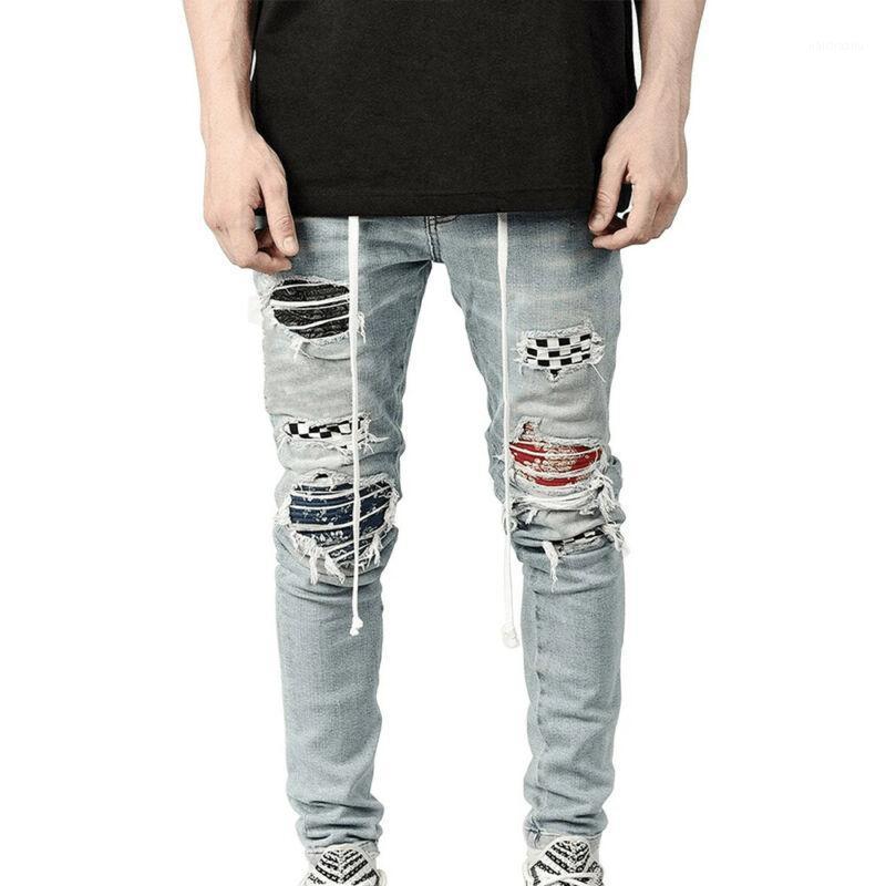 

Men' Jeans Mens Ripped Fashion Men Clothing Slim Fit Full Denim Pencil Pants Casual Patchwork Scratched Distressed Trousers, Black