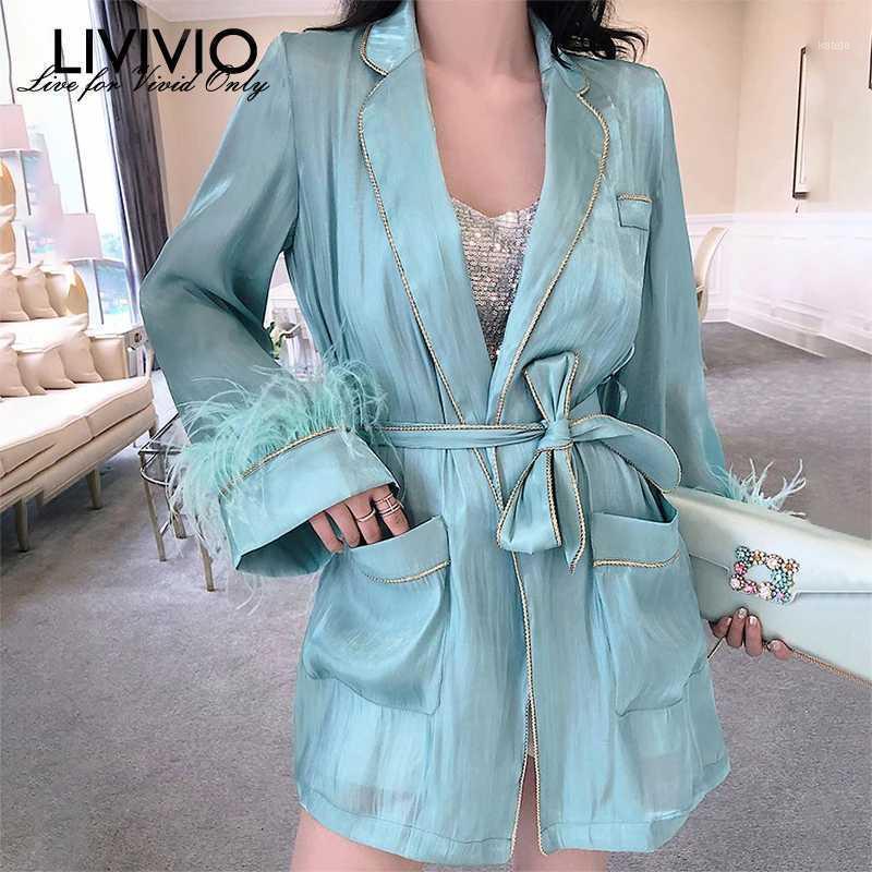 

[LIVIVIO] Feather Coat Female Long Sleeve With Sash Lace Up Waisted Women's Jacket 2021 Autumn Fashion Clothing 1, Black;brown