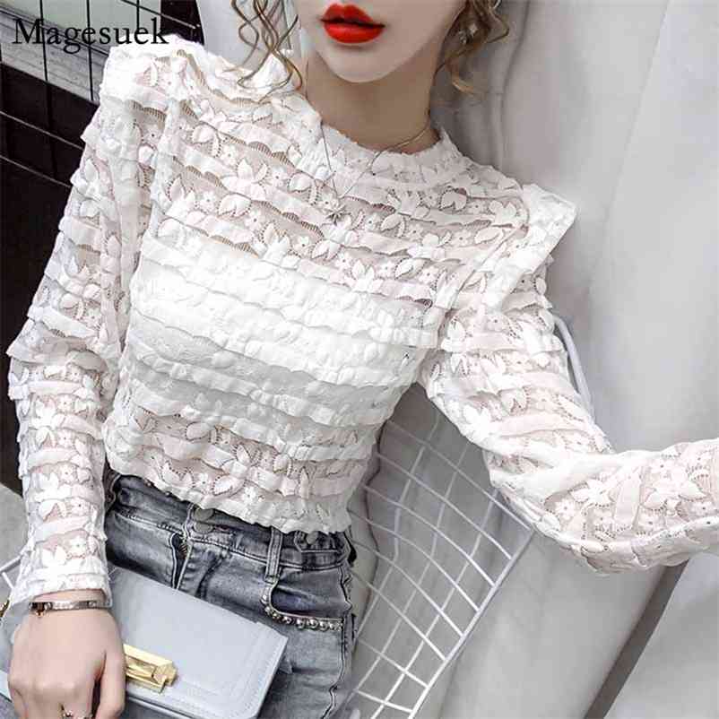 

Woman's Shirts Feminine Hollow Crocheted Round Neck Pullover Puff Sleeve Blouses Summer White Long 10529 210518