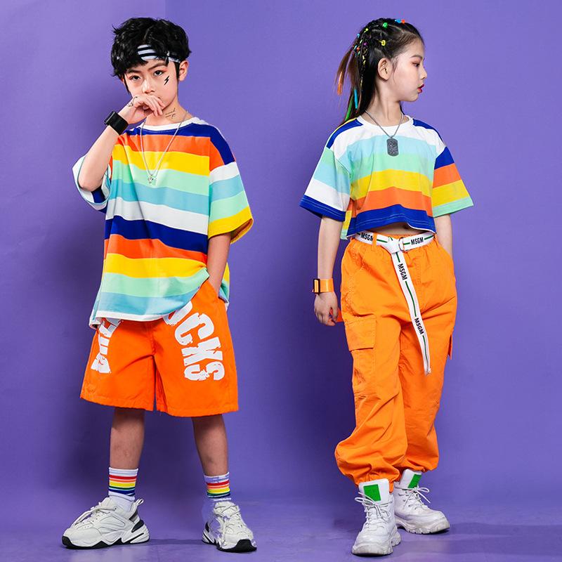 

Clothing Sets Kids Jazz Dance Costumes Girls Cool Hip Hop Boys Ballroom Dancewear Children Striped Top Orange Pants, 2 in 1 set