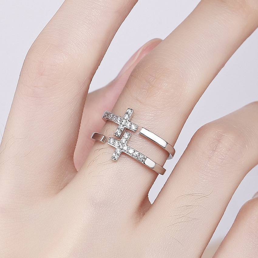 

Double Jesus Cross Ring Band Finger Diamond Open Adjustable Cuff Hollow Stacking Rings chunky Women Couple loop Fashion Jewelry Gift Will and Sandy, Golden;silver