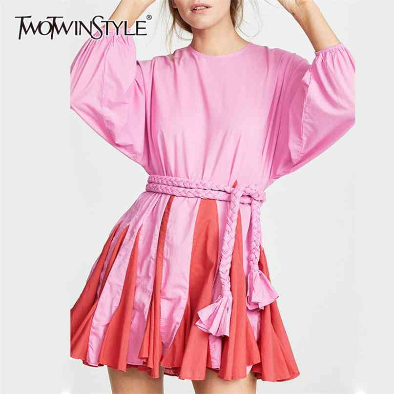 

Casual Patchwork Dress Female O Neck Long Sleeve High Waist Bandage Hit Colors Dresses Women Fashion Spring 210520, Pink