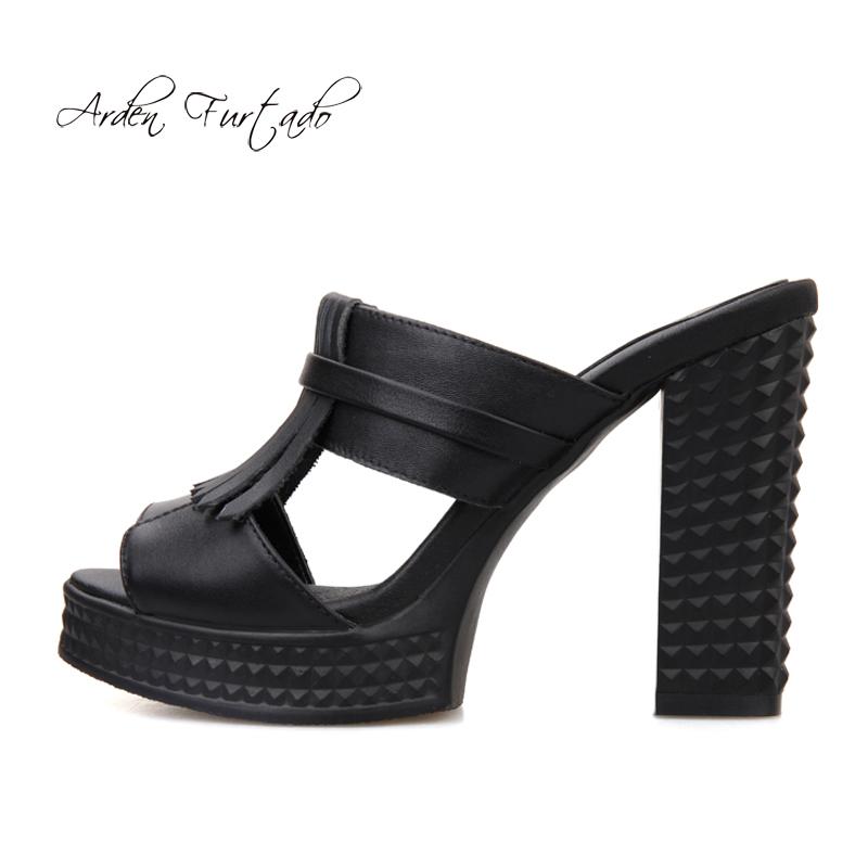 

Slippers Arden Furtado Summer 2021 Fashion Women's Shoes Chunky Heels Elegant Genuine Leather Sexy Platform Fringed Slides, Black