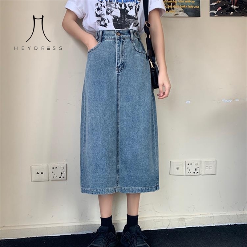

Retro Long Midi Denim Skirts Women High Waist Button Pockets Split Jeans Straight Plus Size Korean Summer Bottoms 210517, Black