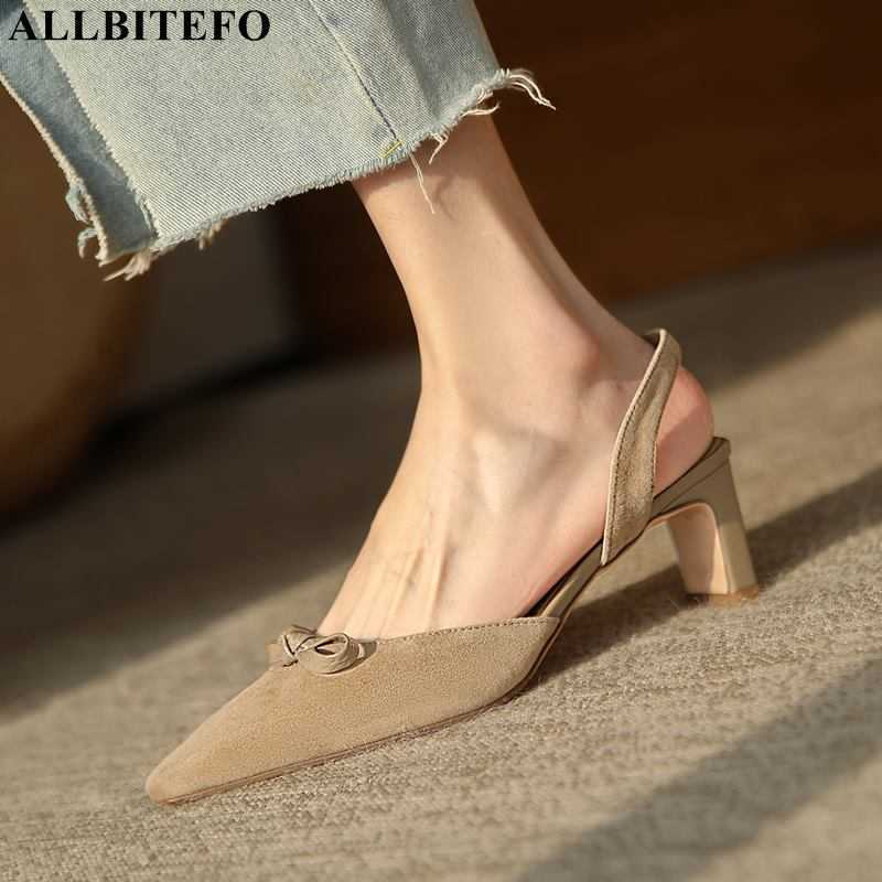 

ALLBITEFO bow design sheepskin suede genuine leather summer women sandals shoes Expose the heel fashion high heel shoes 210611, As picture