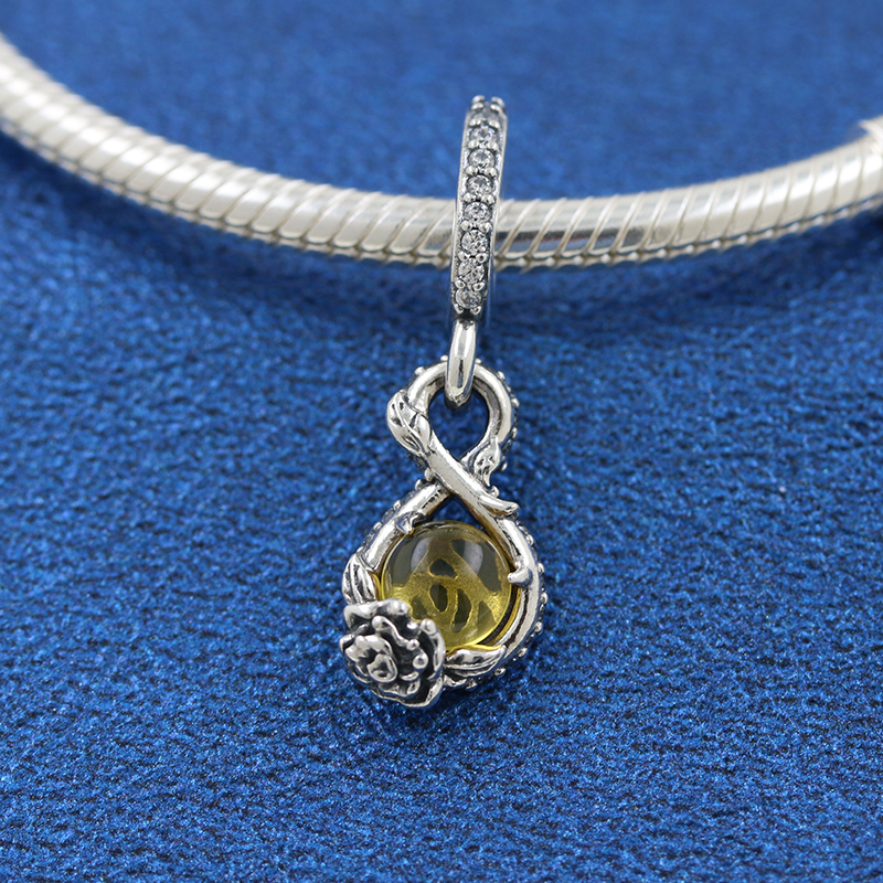 

925 Sterling Silver Infinity & Rose Flower Dangle Bead Fits European Pandora Style Charm Jewelry Bracelets