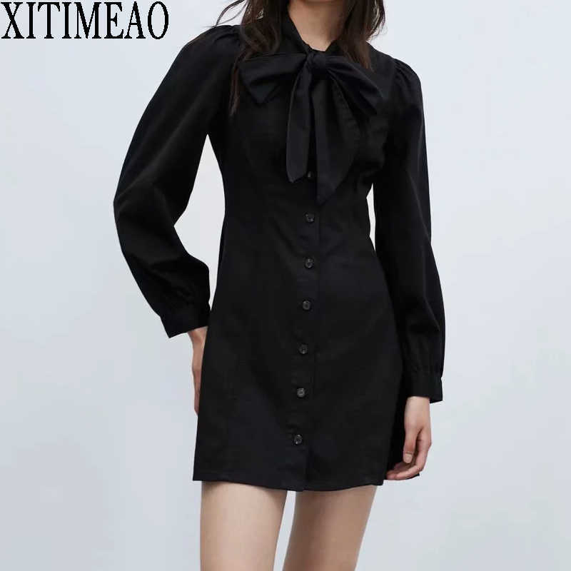 

XITIMEAO Women Clothing Autumn Elegant Vintage Bow Tie Midi Dress Spring Casual Long Sleeve Slim Mini Skirt 210602, Black