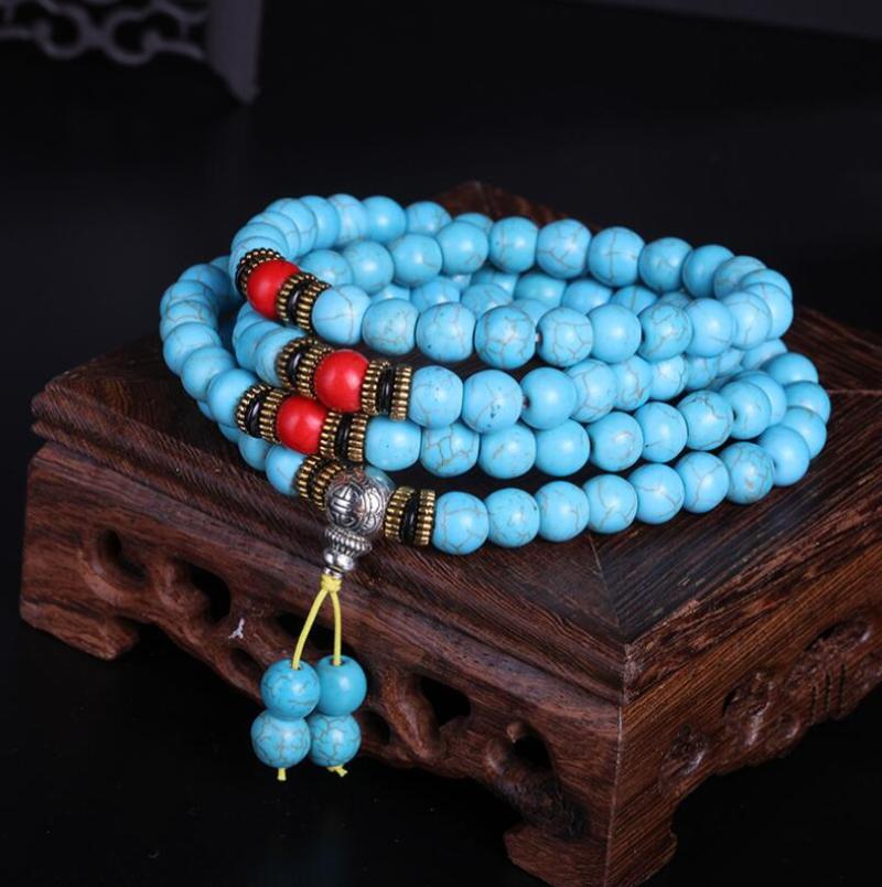 

Beaded, Strands Style Buddhist 108 Mala Prayer Bracelets 8MM Pine Stone Beads National Wind Women Men Yoga Meditation Necklace Wholesale