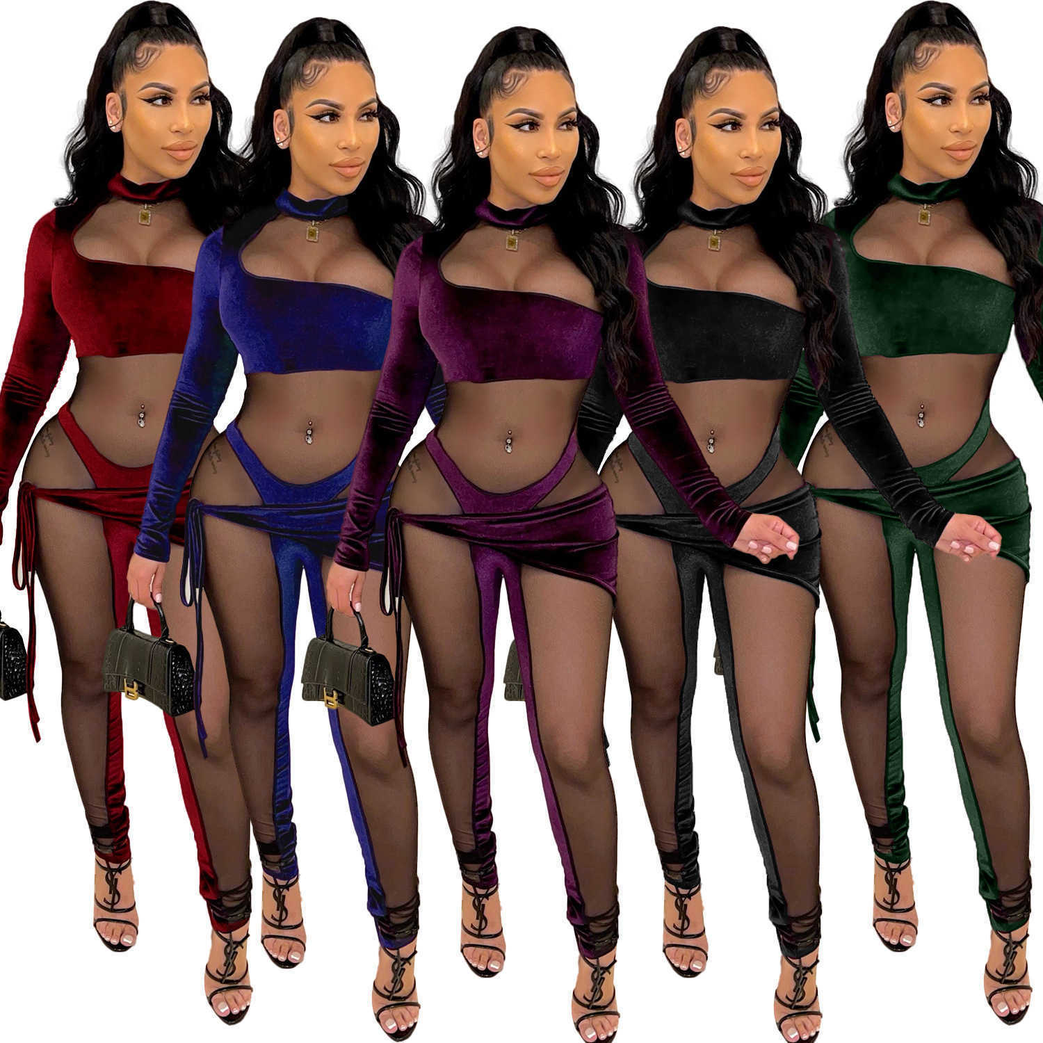 

Evening Mesh Patchwork Velvet Jumpsuit Woman Long Sleeve One Piece Overalls Night Club Outfits, Purple