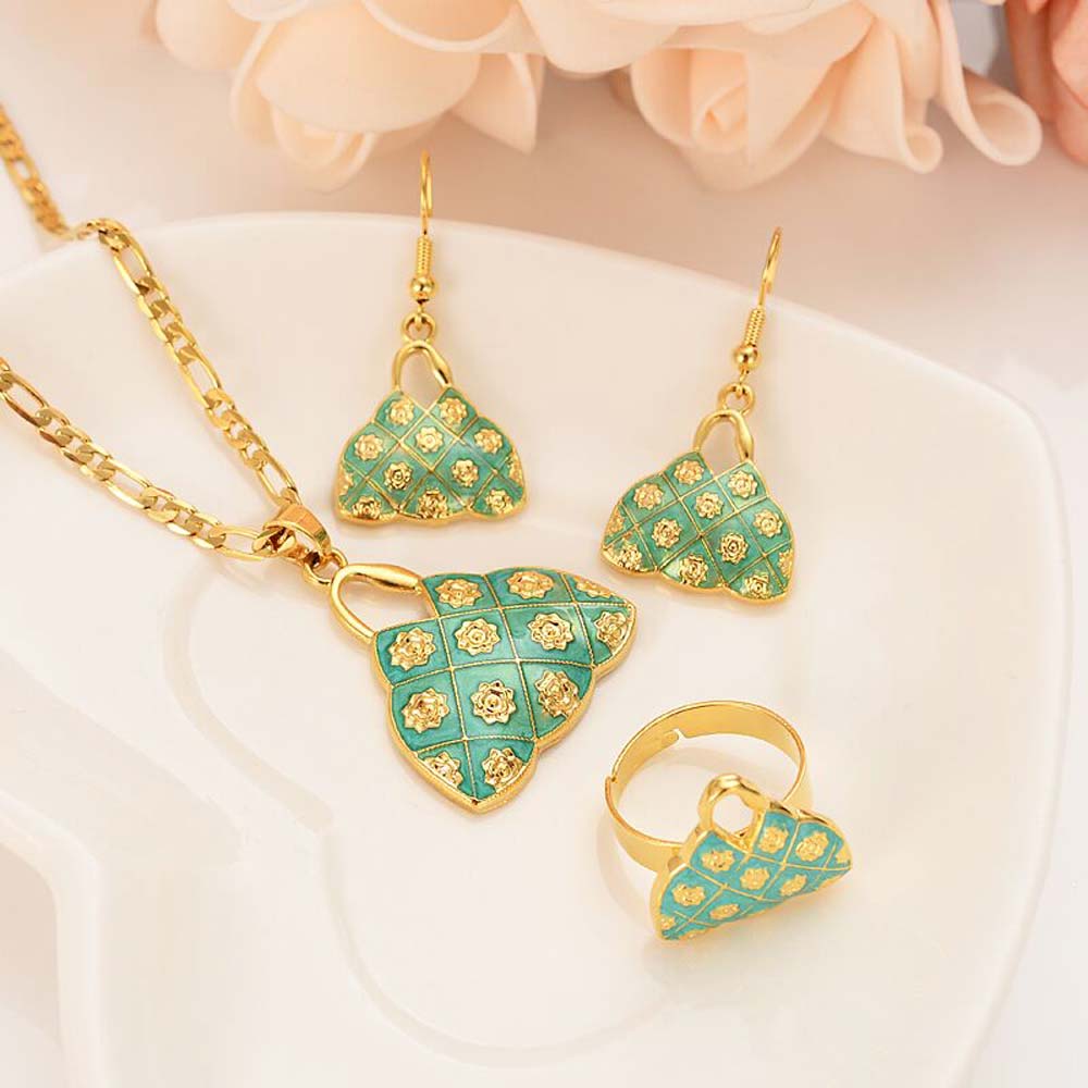 Noble Blium bag Pendant Figaro Chain Necklaces Earrings ring 18K Fine Gold G green PNG Set Papua Guinea party-image-677814816