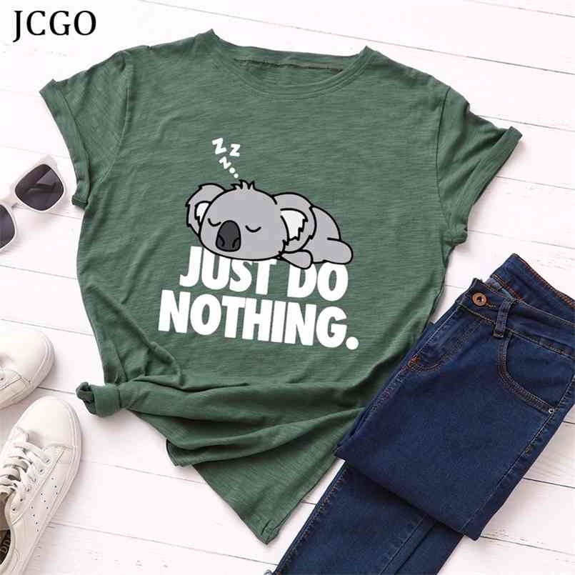 

JCGO Women T shirt Summer Short Sleeve 100% Cotton Plus Size S-5XL Oversize Cute Koala Print Casual Tee Tops O Neck Lady tshirts 210708, Red