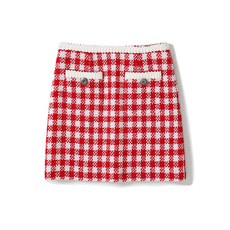 

Skirts Korean Women Red White Plaid Tweed Mini Skirt 2021 Spring Autumn Winter High Waist A-line OL Vintage Elegant Y631