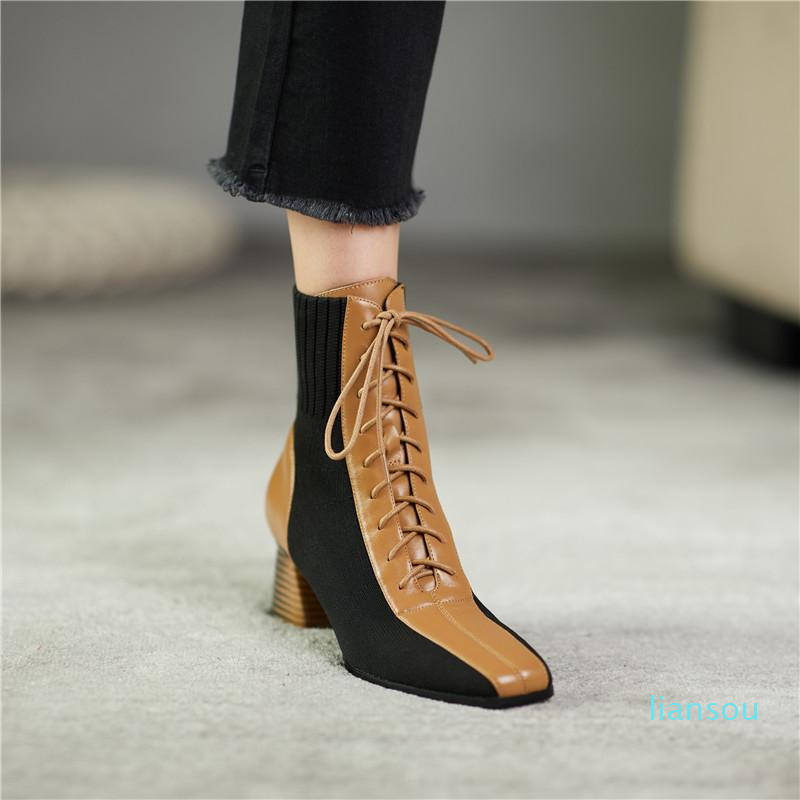 

Boots Fashion Women Leather Thick High Heels Square Toe Lace Up Ankle, Apricot