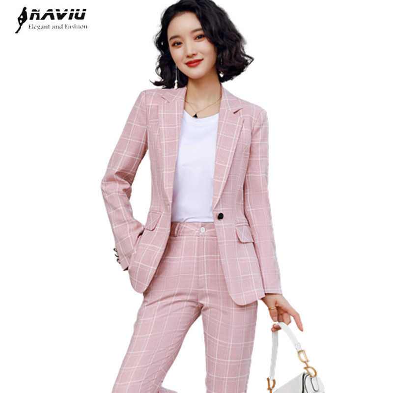 

Naviu High-Quality 2 Piece Set Plaid Pant Suit Geometric Long Sleeve Blazer Office Lady Casual Design Jacket and 210604, Pink coat and pants