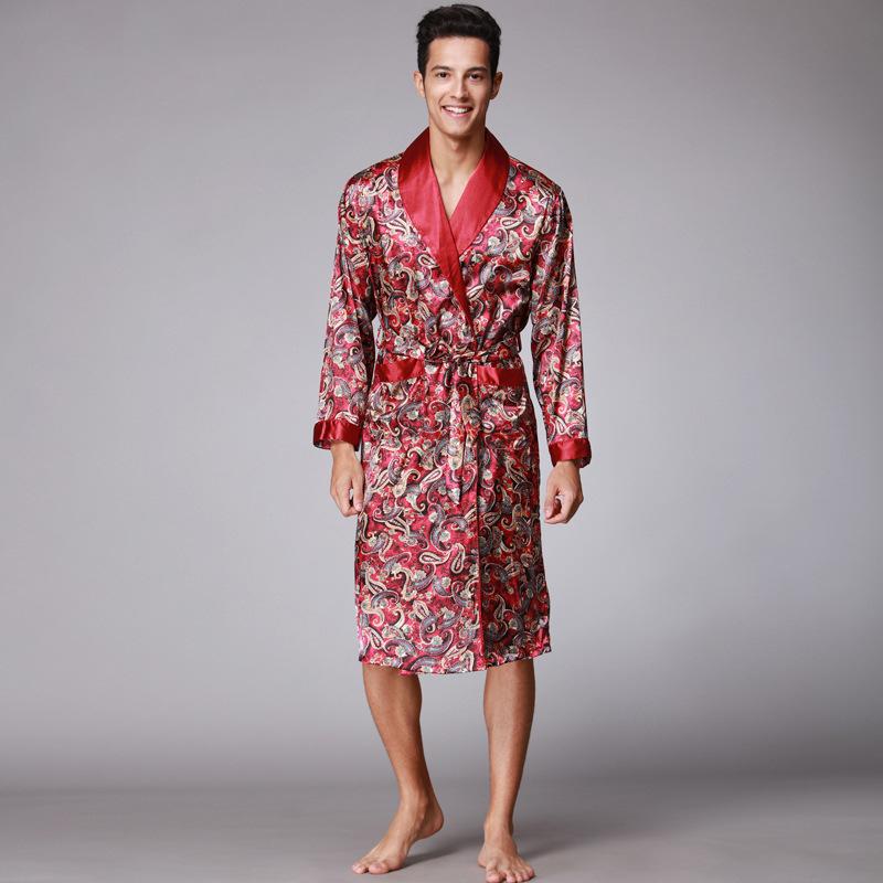 

Men's Sleepwear Bathrobe Kimono Homme Stain Silk Bath Robe Men Robes, Brown
