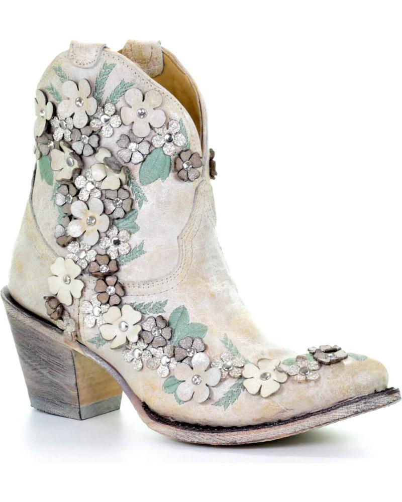

Boots WOMEN'S WHITE FLORAL OVERLAY BOOTIES - ROUND TOE