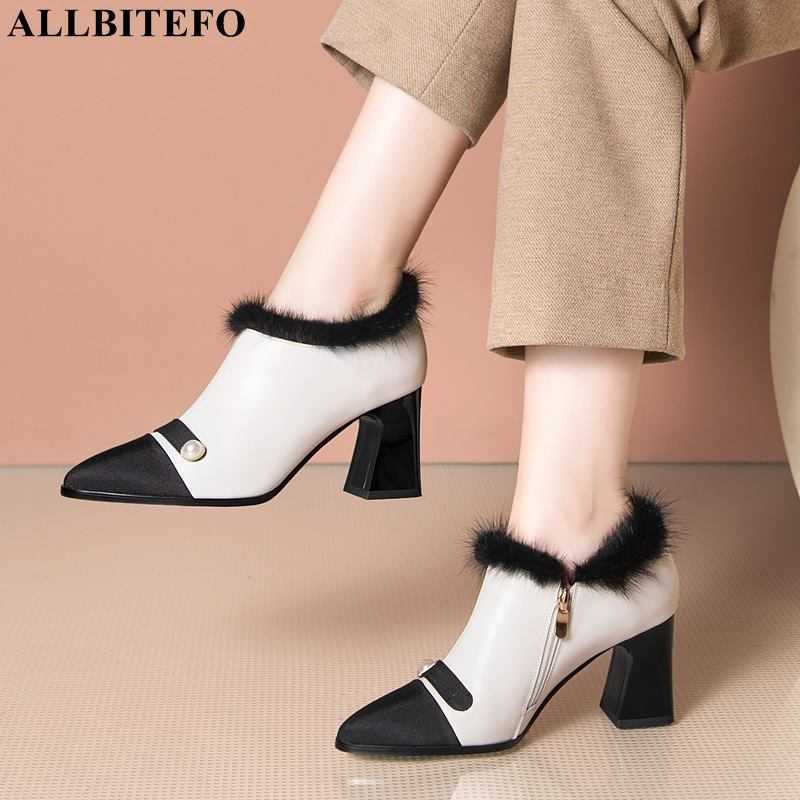 

ALLBITEFO size 33-42 Mink hair design natural genuine leather women heels plush inside thick heel shoes fashion high heel shoes 210611, As picture