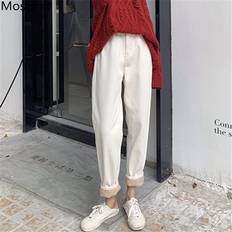 

Winter Thicken Warm Straight Jeans Pants Women High Waist Fashion Casual Ladies Loose Trousers Femme 210518, Beige