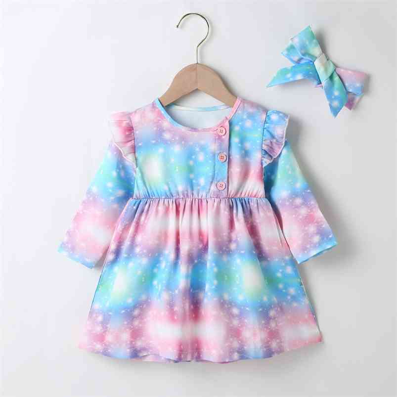 

Autumn Winter Girls Dress Long Sleeve Single Breasted Muti Tie-dye Print Starry Sky Cute Sweet Baby 0-2T 210629, Multi
