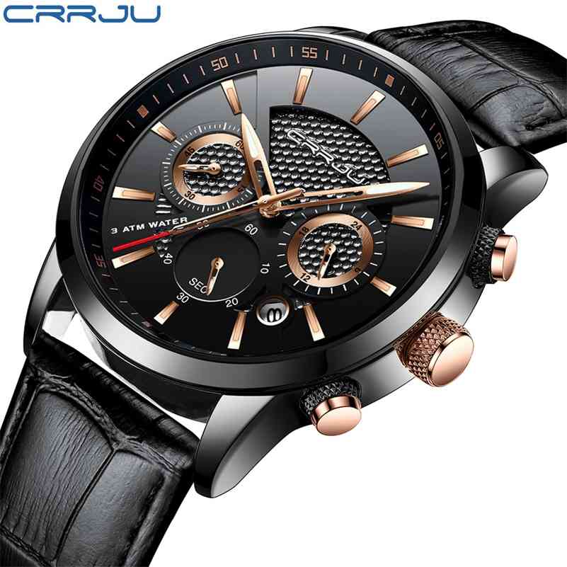 

reloj hombre CRRJU Fashion Watch Men Leather Belt Top Luxury Military Quartz Wristwatches Waterproof Outdoor Sports Watches 210517, Black silver