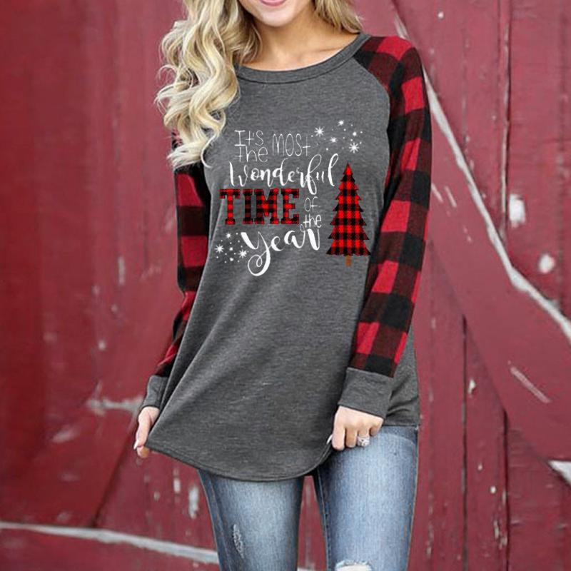 

Women's Blouses & Shirts Fashion Merry Christmas Plaid Blouse Casual Winter Ladies Printed Bottom Tops Female Women Long Sleeve Shirt Blusas, Red