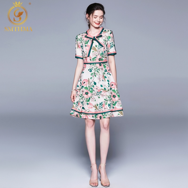 

Fashion Runway Foral Print Women Dress Bow O Neck Summer Dresses Sexy Holiday Vintage Elegant Vestidos 210520, Photo color